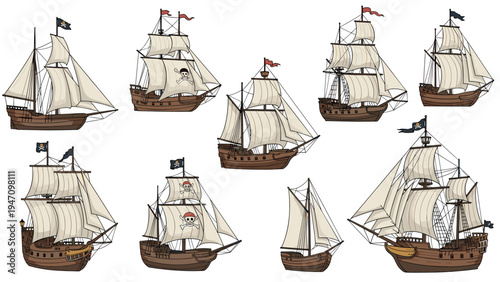 Collection of classic wooden sailing ships and pirate vessels with detailed rigging and sails on a white background.
