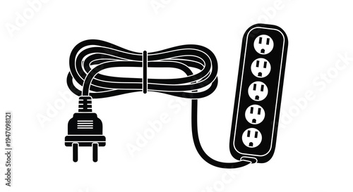 A black power strip with a coiled cord and plug is depicted in a stark graphic silhouette