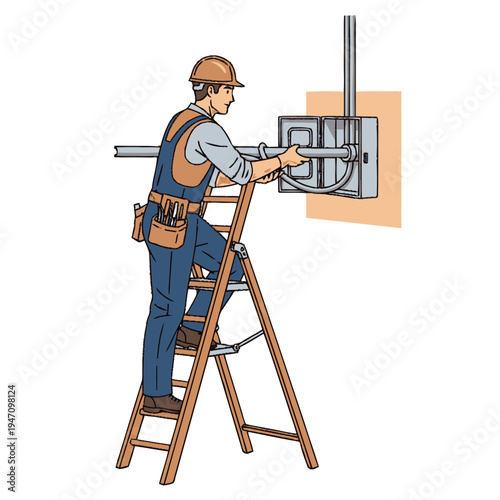 Man working on electrical panel on ladder.