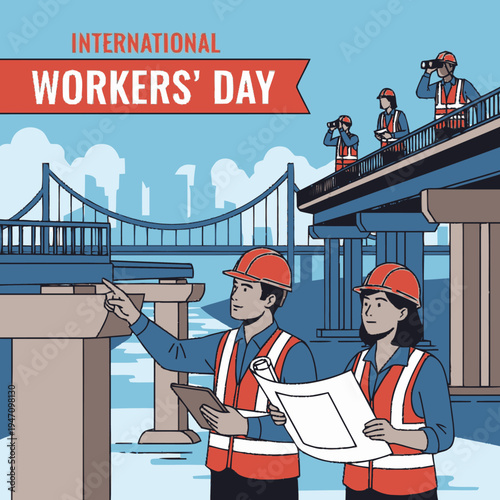 International Workers' Day illustration with construction workers.