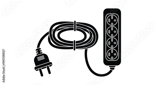 A coiled black power strip with a three prong plug is displayed in a stark simple silhouette