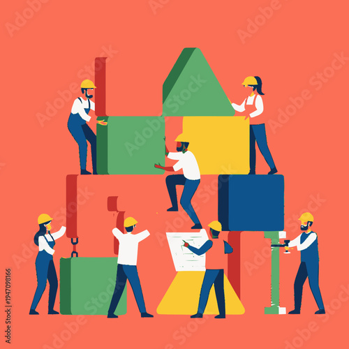 Workers building with colorful blocks together.