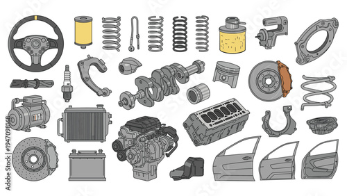 Large set of various automotive spare parts including an engine radiator brake discs steering wheel and battery.