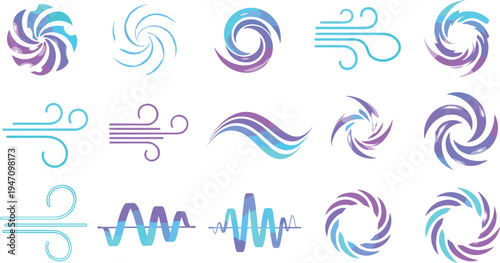Abstract wind swirl and airflow motion elements with spiral breeze symbols, wave lines and dynamic air movement decorative vector illustration set