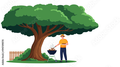 Man cooking sausages on a charcoal barbecue grill under the shade of a large green tree in a backyard garden setting.