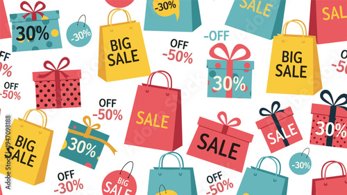 Colorful shopping bags and gift boxes with big sale tags and discount labels create a festive seamless pattern background for retail.
