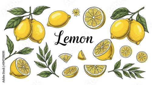 Detailed botanical illustration of fresh lemons with green leaves and slices in a vintage hand-drawn style on a plain white background.