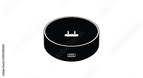 A minimalist black circular device with ports presented as a striking graphic silhouette high quality professional detailed modern