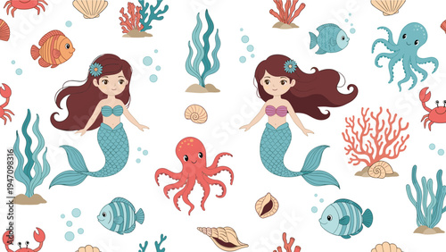 Whimsical underwater seamless pattern showcases charming mermaids swimming with octopuses, crabs, and tropical fish among vibrant sea corals.