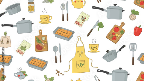 Homely kitchen seamless pattern includes pots, pans, cutting boards, fresh vegetables, and cooking utensils arranged for a culinary theme background.