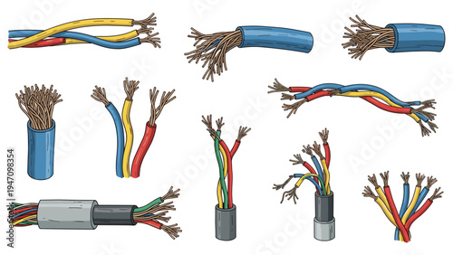 Collection of various electrical power cables and stripped copper wires with multicolored insulation is used for industrial and home wiring.