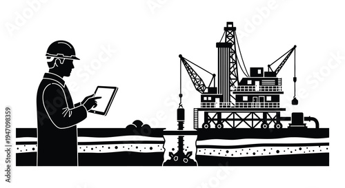 An oil worker utilizes a digital tablet while overseeing a large offshore drilling platform presented as a silhouette