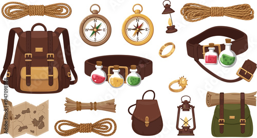 Adventure explorer equipment collection with backpack, compass, rope, lantern, treasure map, potion bottles and travel gear vector illustration set