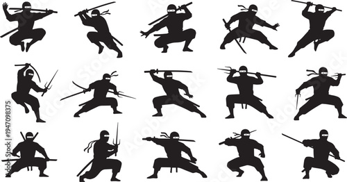 Ninjas in Agile Combat Stances on White Background