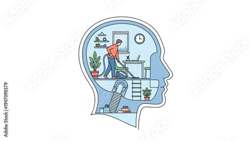 Conceptual illustration shows a man vacuuming and organizing a room inside a human profile representing mental clarity and psychological health.