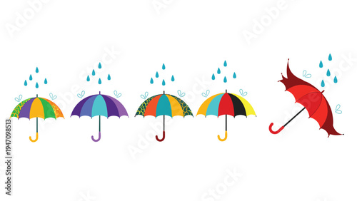 Row of vibrant multicolored umbrellas stands in the rain with one red umbrella tilted to show uniqueness and individual style.