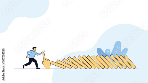Man stopping a falling row of dominoes with a giant finger representing risk management, prevention, and crisis control in a professional setting.