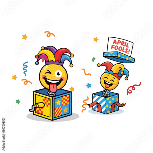 Funny April Fools Day Jack in the Box Emoji Cartoon with Jester Hat Prank Surprise
