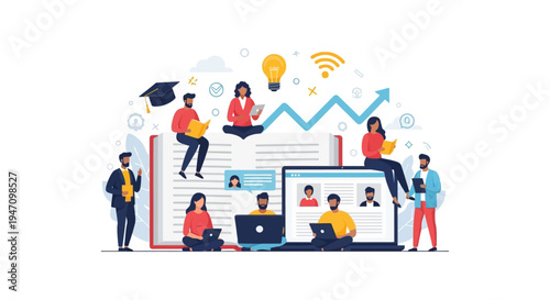 Global Online Education, E-Learning, and Knowledge Sharing Concept. Students and Professionals Collaborating Digitally for Success and Skill Development.