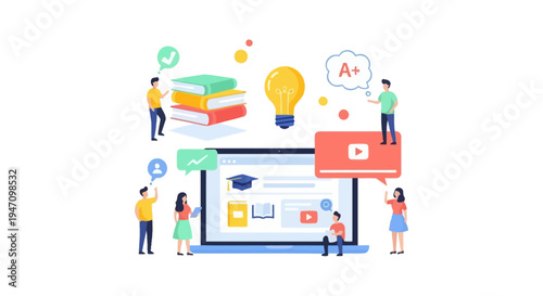 Digital Education Platform Concept. Students interact with online courses, video tutorials, and books for remote knowledge acquisition and academic success.