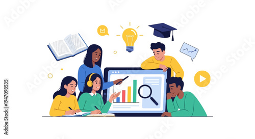 E-Learning Group Study and Mentorship. Students Analyzing Data on Digital Screen with Teacher. Online Education Concept Vector Illustration.