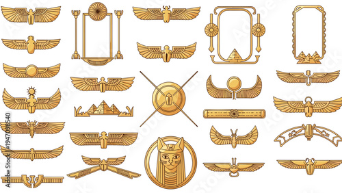Large collection of ancient Egyptian symbols including winged scarabs, pyramids, and feline deities is rendered in a gold metallic style.
