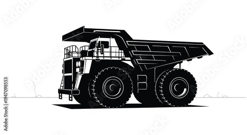 A large black dump truck is depicted in a striking graphic style presented as a silhouette high quality