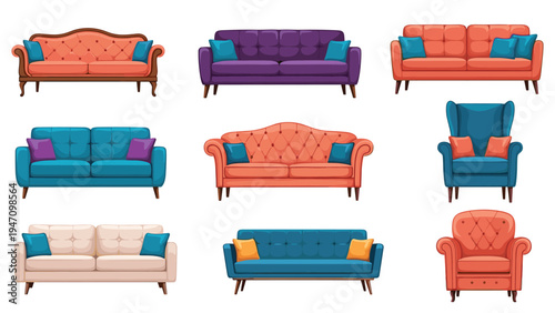 Versatile set of contemporary living room furniture includes various sofas, couches, and comfortable armchairs in different colors and styles.