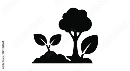 Simple black tree and sprouting plants in a minimalist silhouette