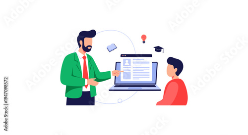 E-Learning and Online Education Concept: Mentor Teaching Student Digital Skills and Resume Building on Laptop Screen. Flat Vector Illustration.