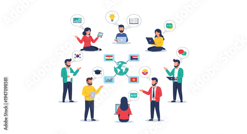 Global E-learning and International Education Concept. Diverse people communicate online, studying different subjects and languages around the world.