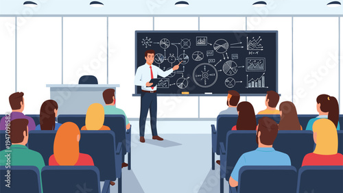 Professional educator stands before a blackboard filled with complex diagrams and charts while addressing a group of attentive students.