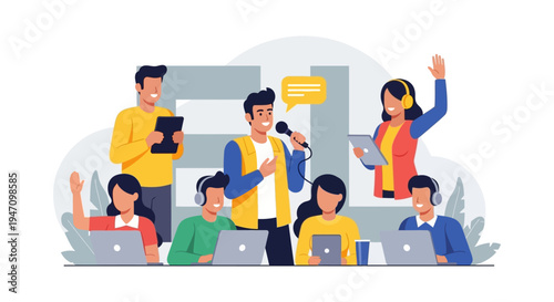 Professional Team Communication, Webinar, or Live Broadcast Event. Speaker addressing diverse participants with laptops, tablets, and headphones.