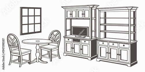 A cozy dining room with a wooden table, chairs, and a large entertainment unit.