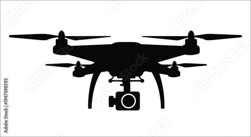 A black drone with a camera viewed from directly below silhouette