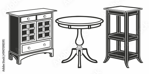 A collection of elegant wooden furniture including a cabinet, table, and bookshelf.