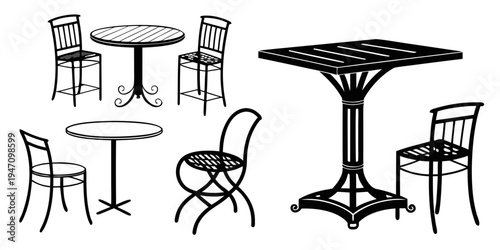 A variety of chairs and tables in a minimalist black and white design