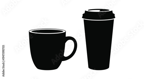 Two coffee containers a mug and to go cup in black silhouette