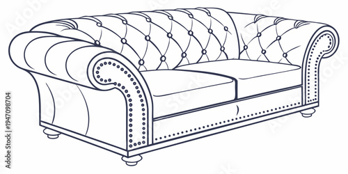 A vintage tufted sofa with rolled arms and wooden legs in a classic design