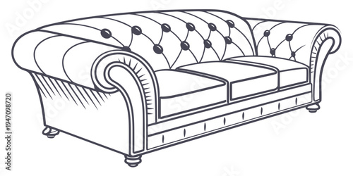 Elegant tufted chesterfield sofa with rolled arms and wooden legs