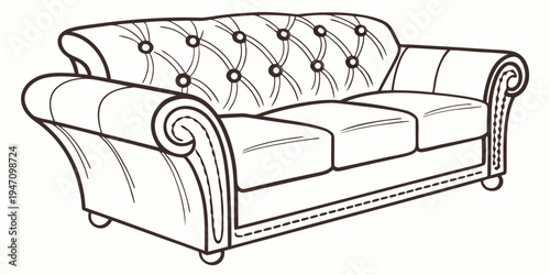 A vintage tufted chesterfield sofa with rolled arms and wooden legs