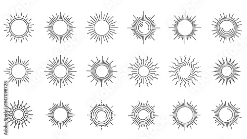 Large set of stylized sun icons and solar symbols features various ray patterns and artistic designs in a clean black line style.