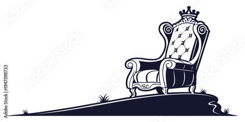 An ornate, vintage-style throne chair with intricate designs and a crown emblem.