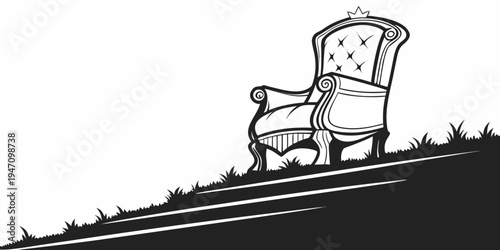 A vintage armchair with intricate details sits atop a grassy hill