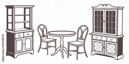A vintage dining set with a table, chairs, and a cabinet in a classic style.