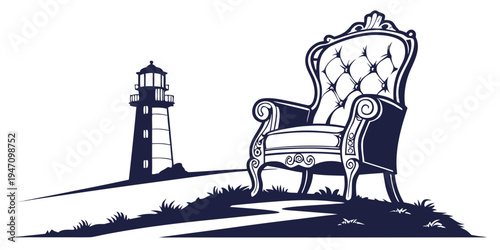 A vintage chair sits on a grassy hill overlooking a lighthouse by the sea.