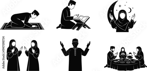 Vector collection of black silhouettes featuring Muslim people praying reading Quran performing sujud and having Iftar dinner for Ramadan and Eid celebration isolated on white background