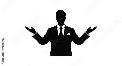 A sharply dressed man with arms outstretched conveys a welcoming gesture presented as a stark silhouette high quality