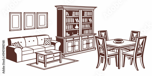 A cozy living room with a dining area and a bookshelf filled with books