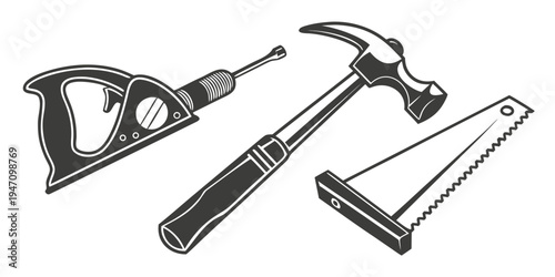 A collection of essential tools including a hammer, saw, and screwdriver
